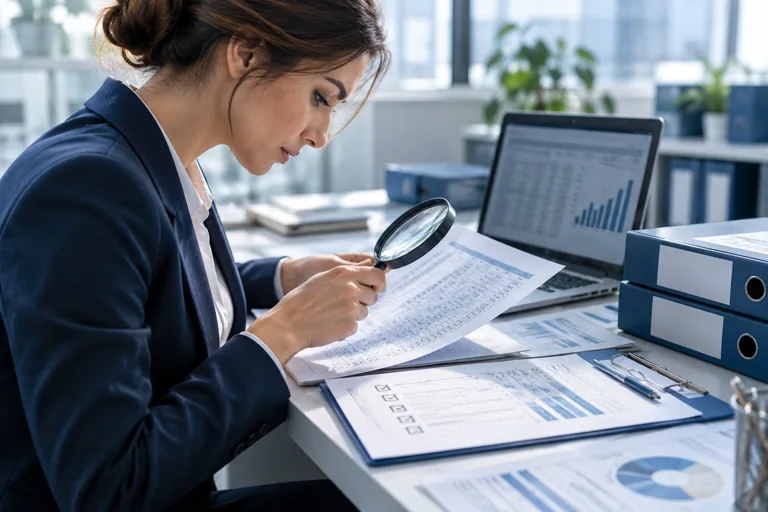 Auditora revisando información contable de una empresa — imagen ilustrativa
